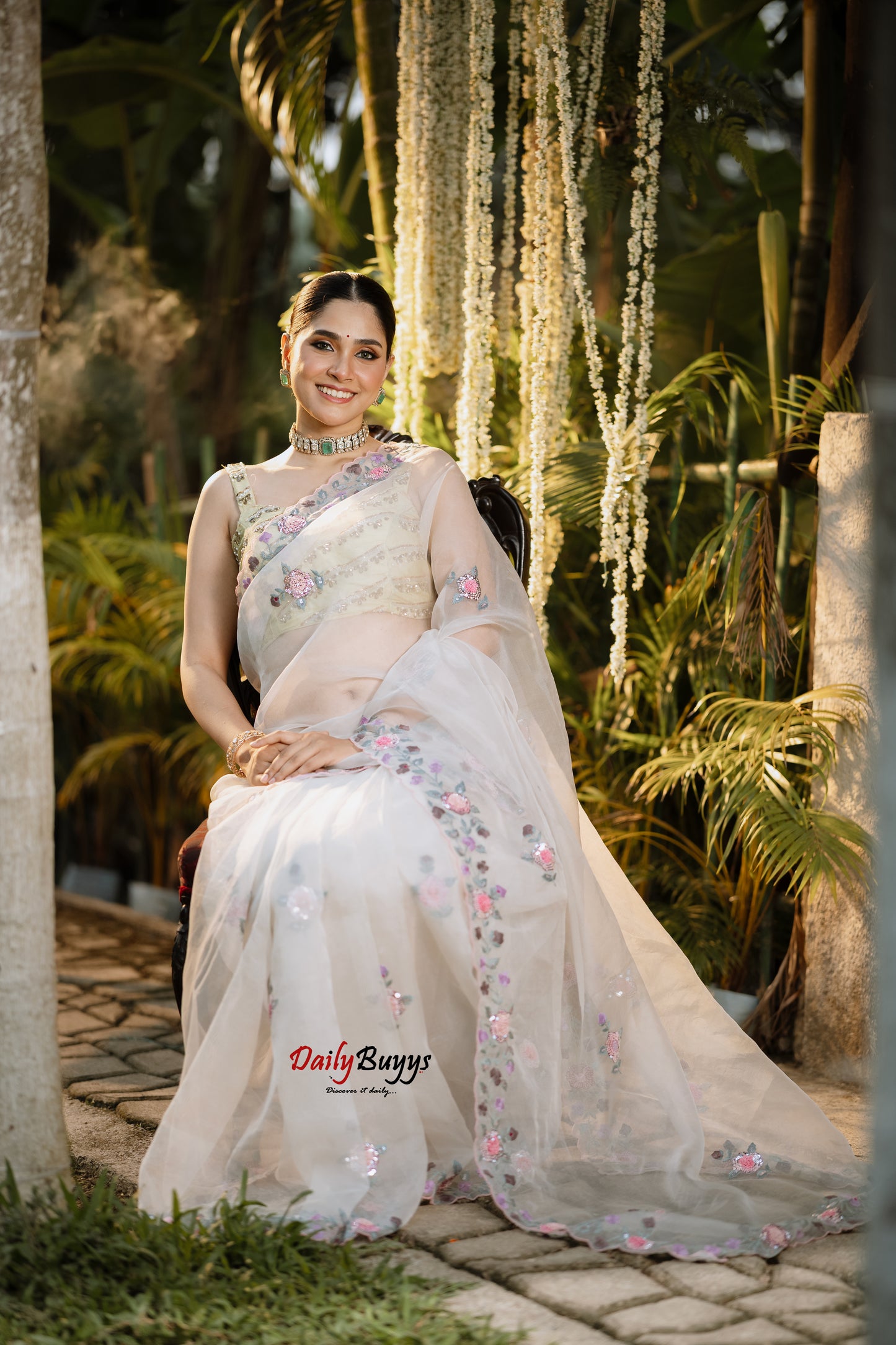Heavy Embroidery White Designer Pure Organza Sarees