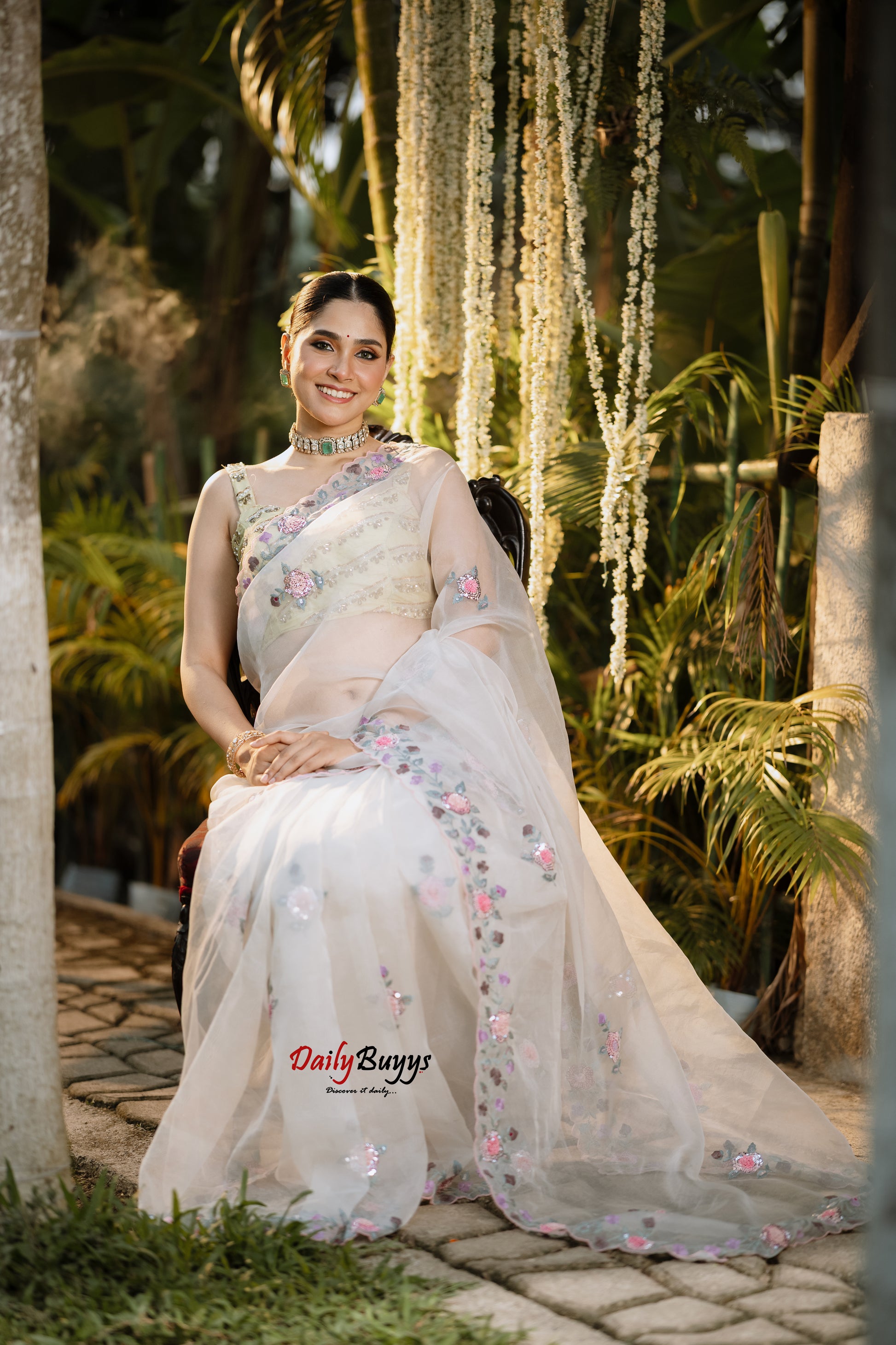 Heavy Embroidery White Designer Pure Organza Sarees