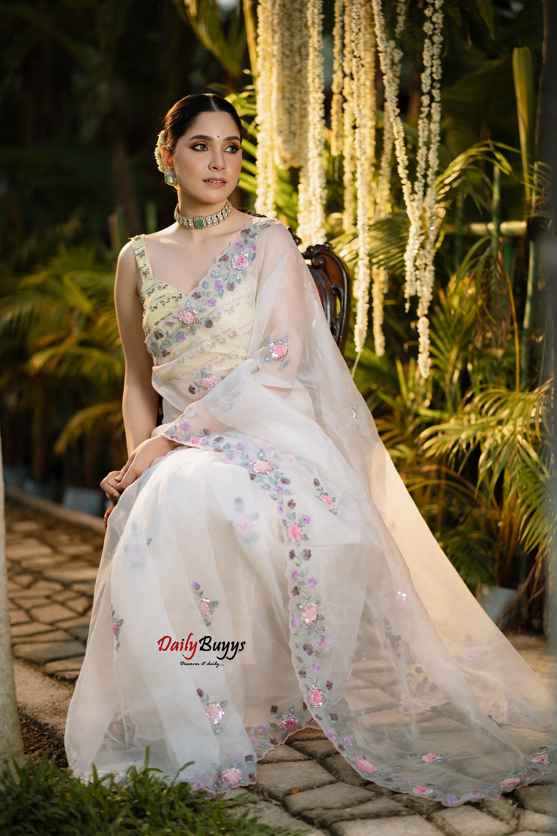 Heavy Embroidery White Designer Pure Organza Sarees