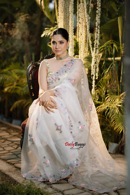 Heavy Embroidery White Designer Pure Organza Sarees
