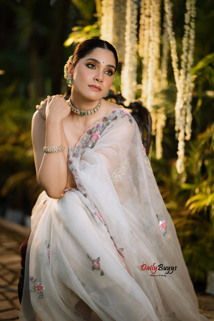Heavy Embroidery White Designer Pure Organza Sarees