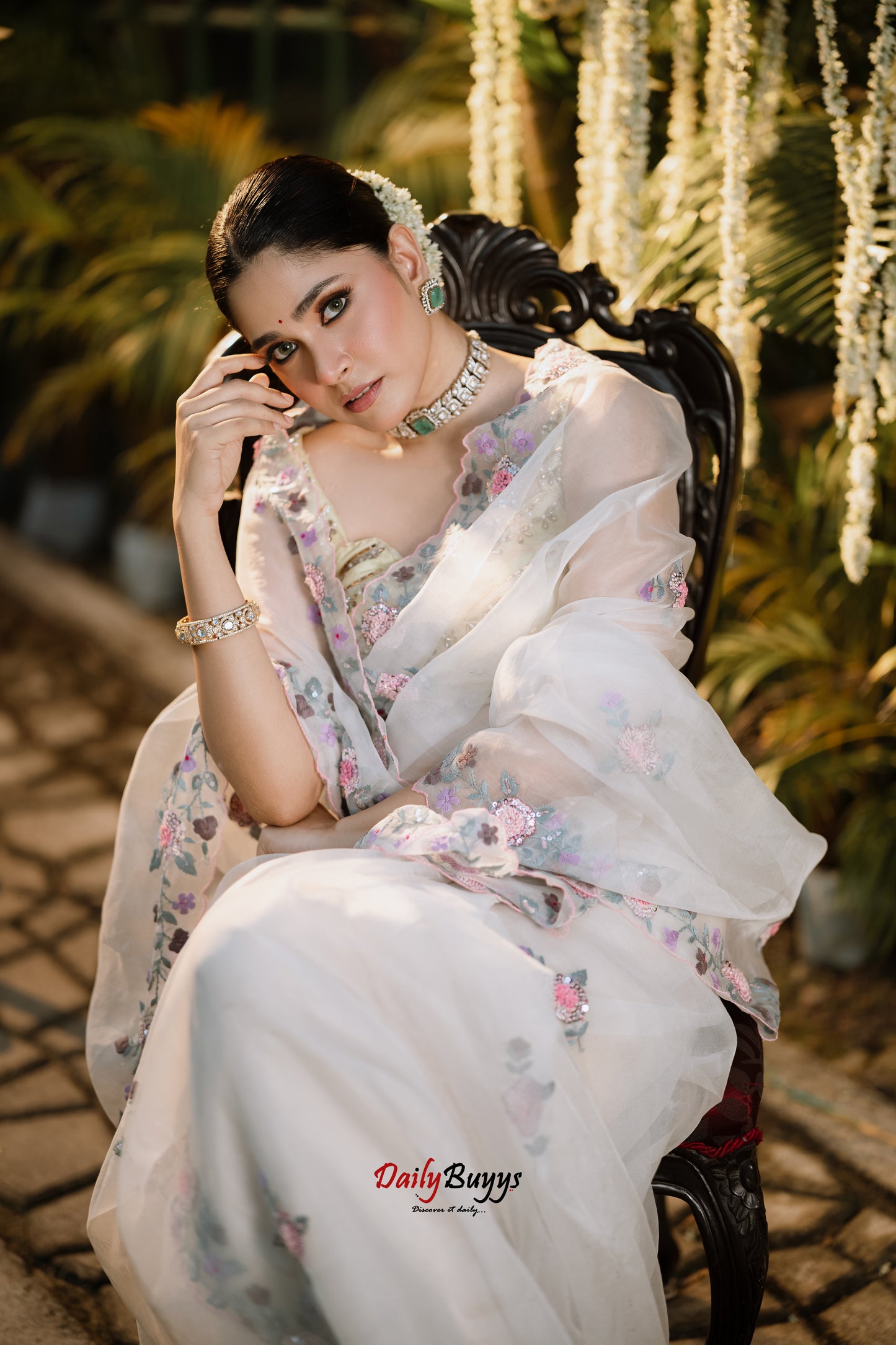 Heavy Embroidery White Designer Pure Organza Sarees