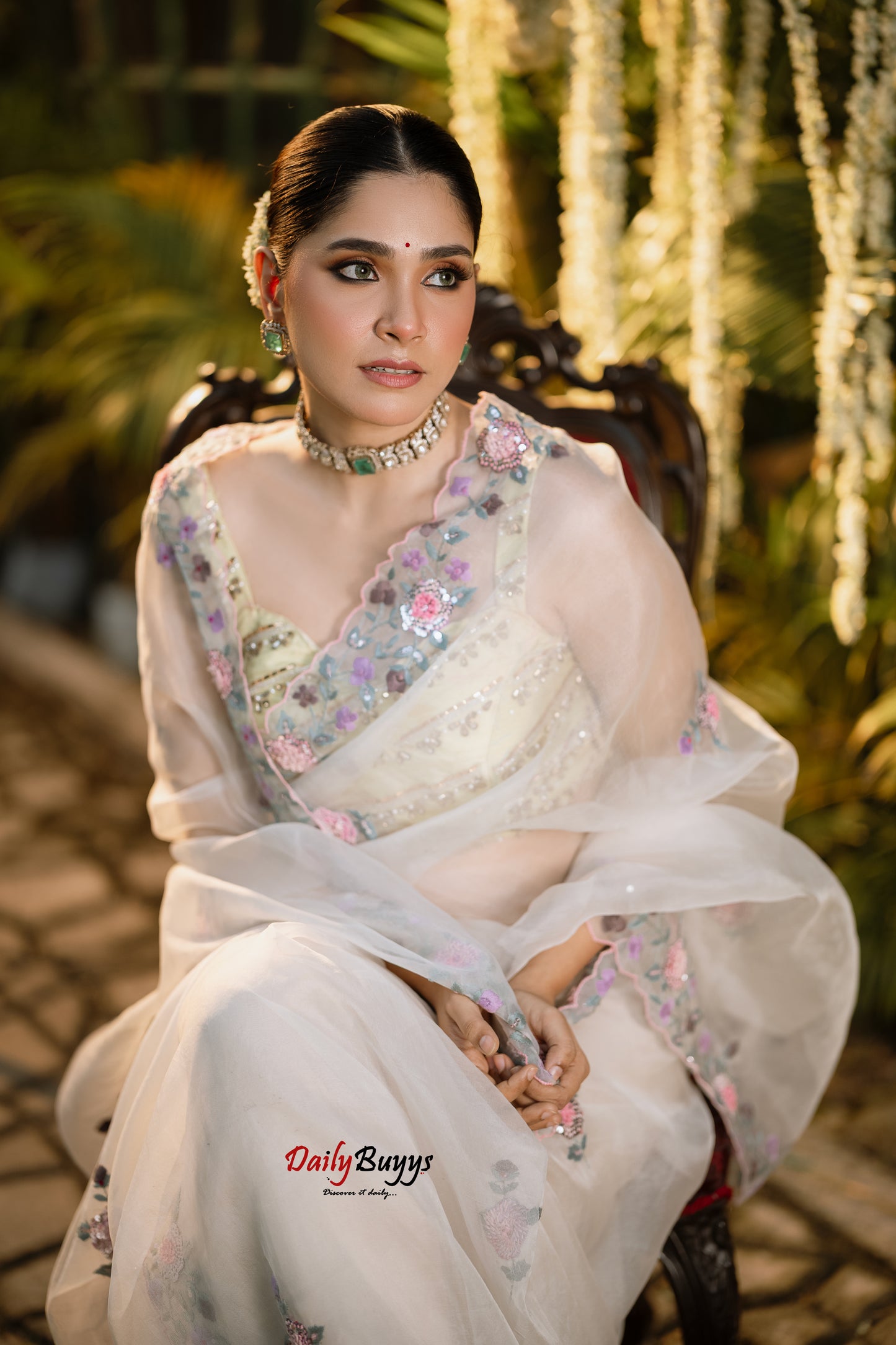 Heavy Embroidery White Designer Pure Organza Sarees