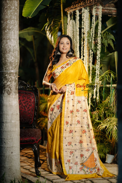 Yellow Madhubani Pure Silk Mark Certified Tussar Ghicha Silk Sarees