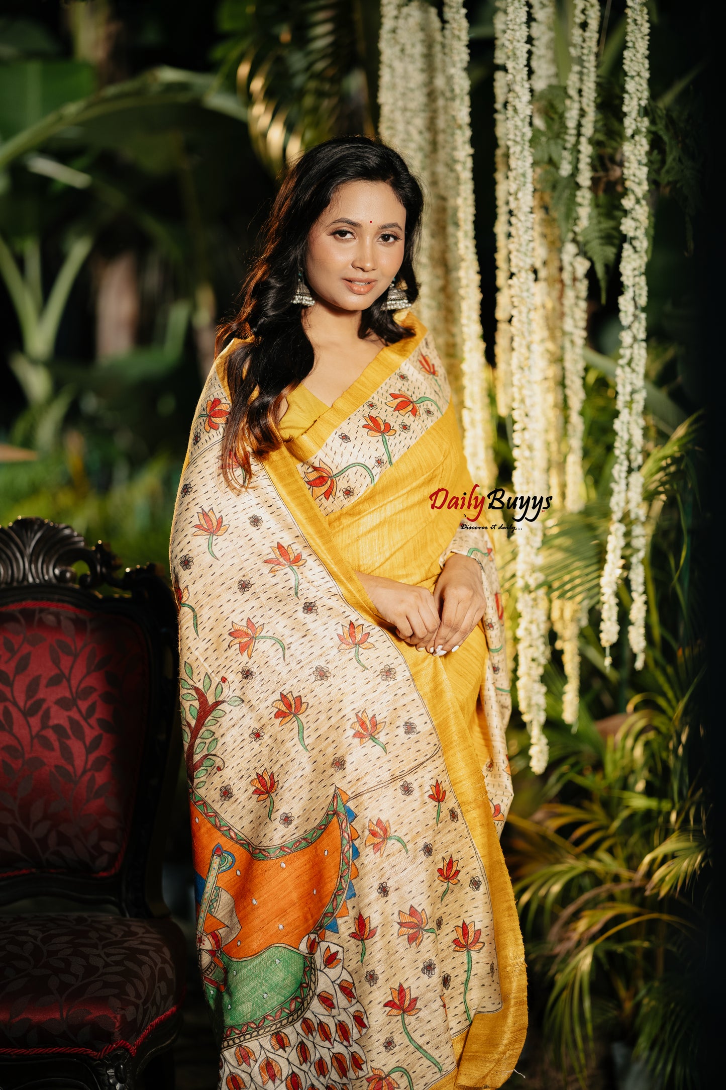 Yellow Madhubani Pure Silk Mark Certified Tussar Ghicha Silk Sarees