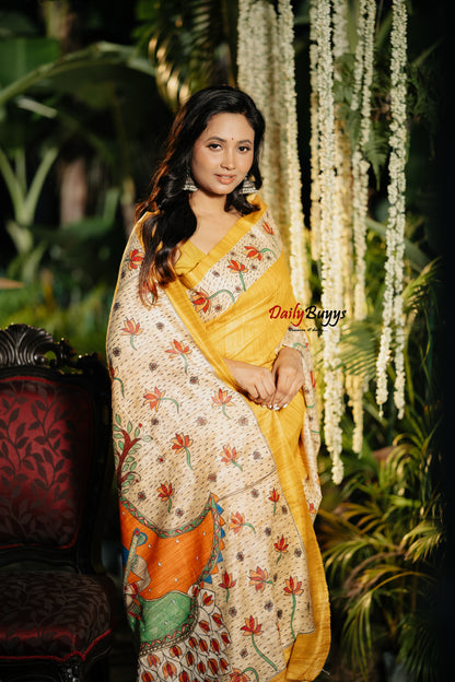 Yellow Madhubani Pure Silk Mark Certified Tussar Ghicha Silk Sarees