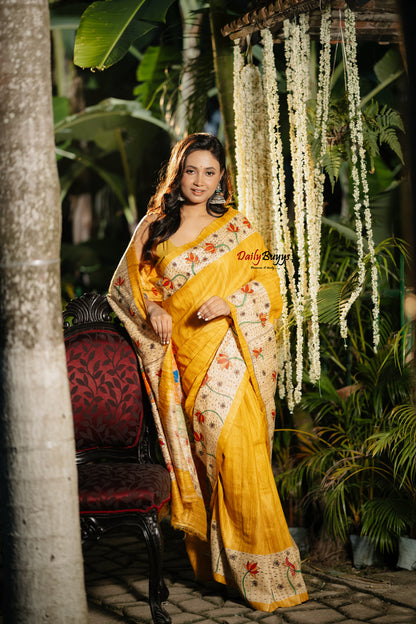 Yellow Madhubani Pure Silk Mark Certified Tussar Ghicha Silk Sarees