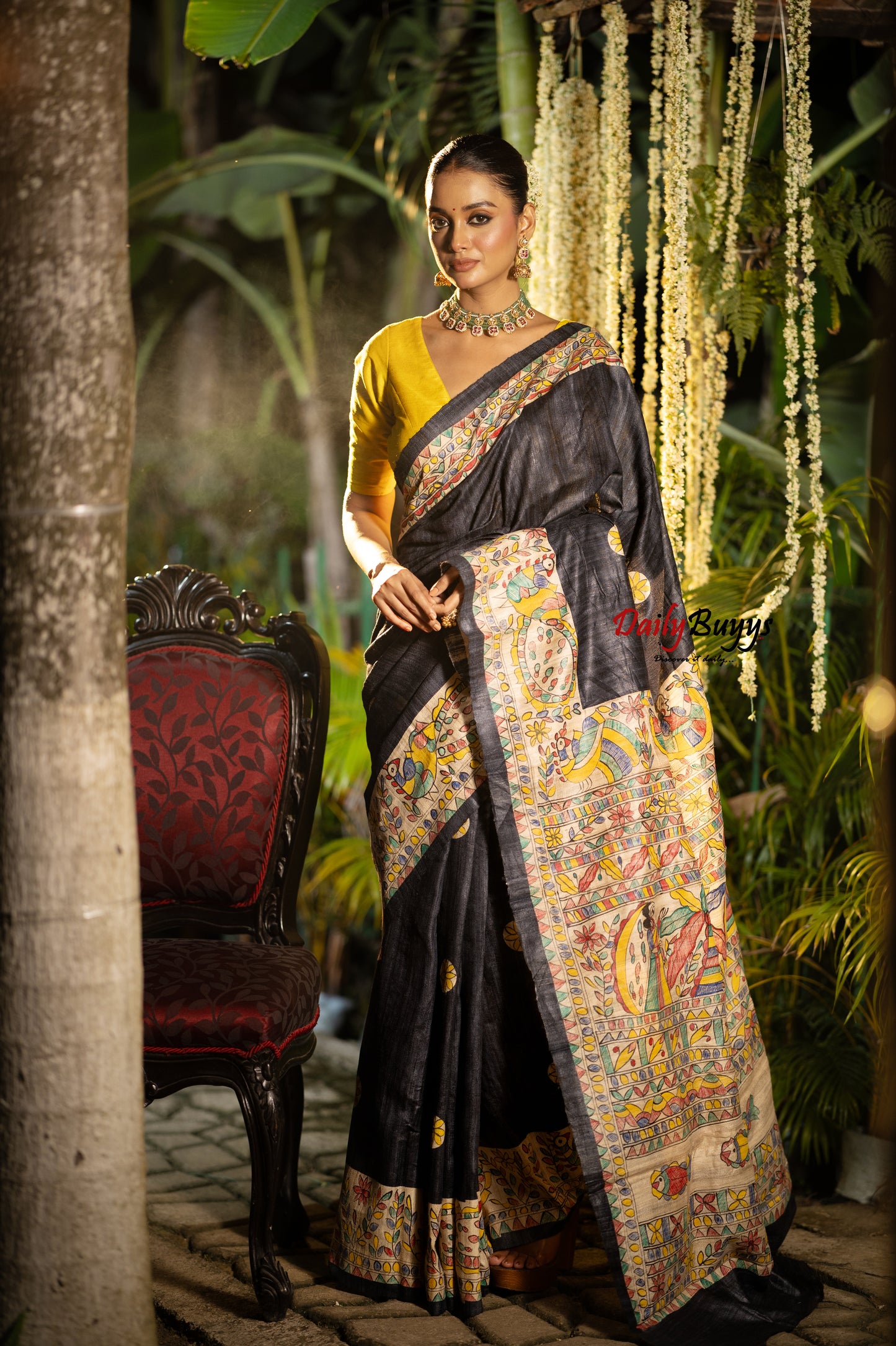 Black Madhubani Printed Pure Silk Mark Certified Tussar Ghicha Silk Sarees