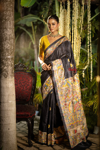 Black Madhubani Printed Pure Silk Mark Certified Tussar Ghicha Silk Sarees