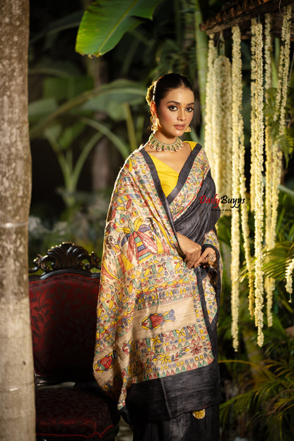 Black Madhubani Printed Pure Silk Mark Certified Tussar Ghicha Silk Sarees