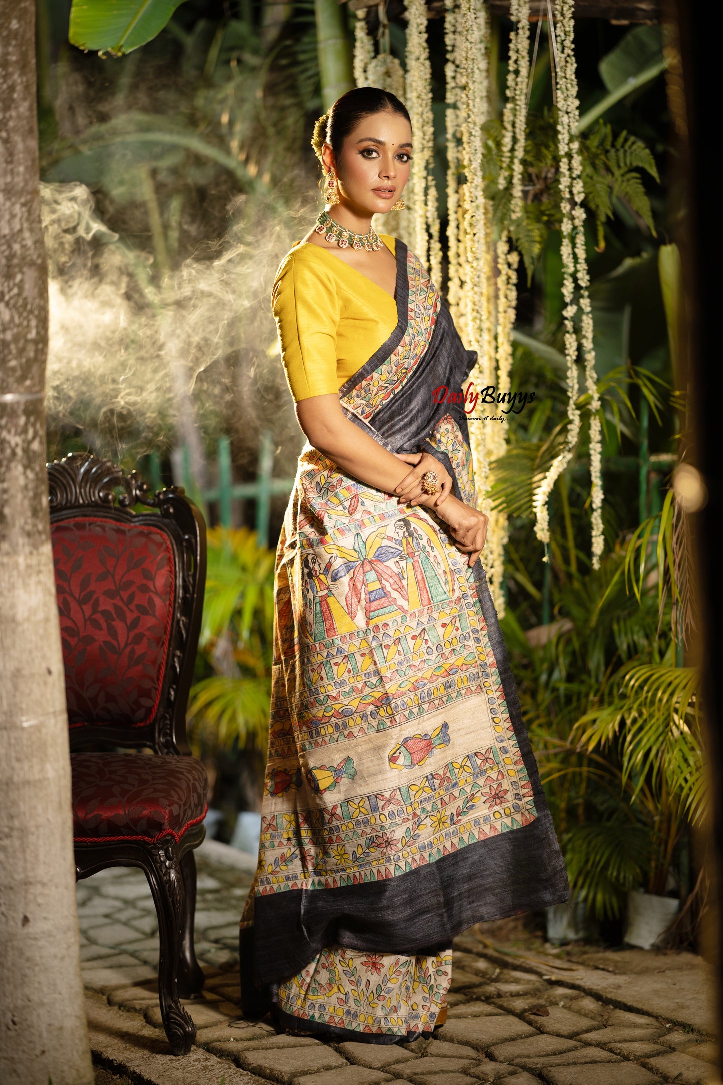 Black Madhubani Printed Pure Silk Mark Certified Tussar Ghicha Silk Sarees