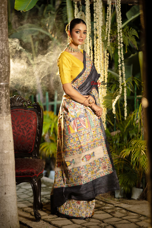 Black Madhubani Printed Pure Silk Mark Certified Tussar Ghicha Silk Sarees