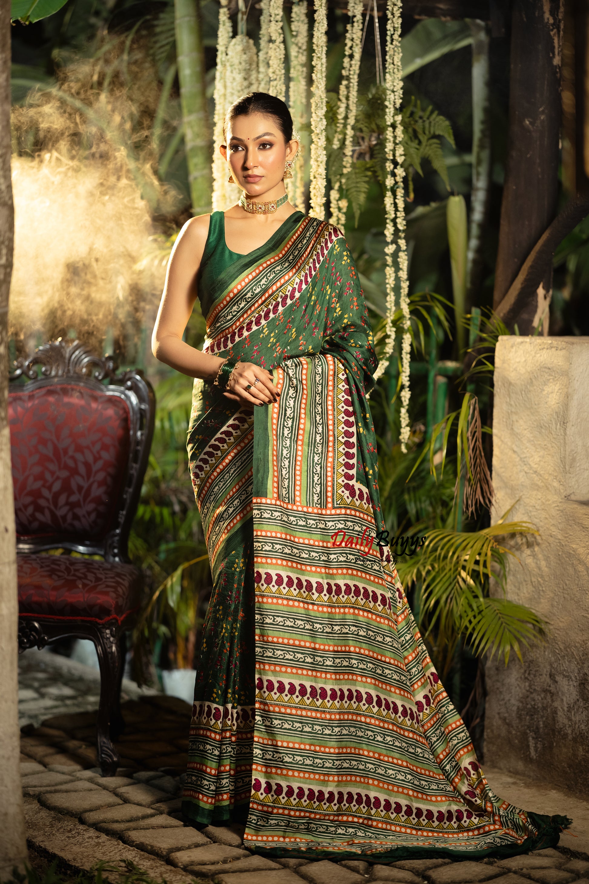 Multicolured  Block Printed Silk Mark Certified Bishnupuri Silk Sarees