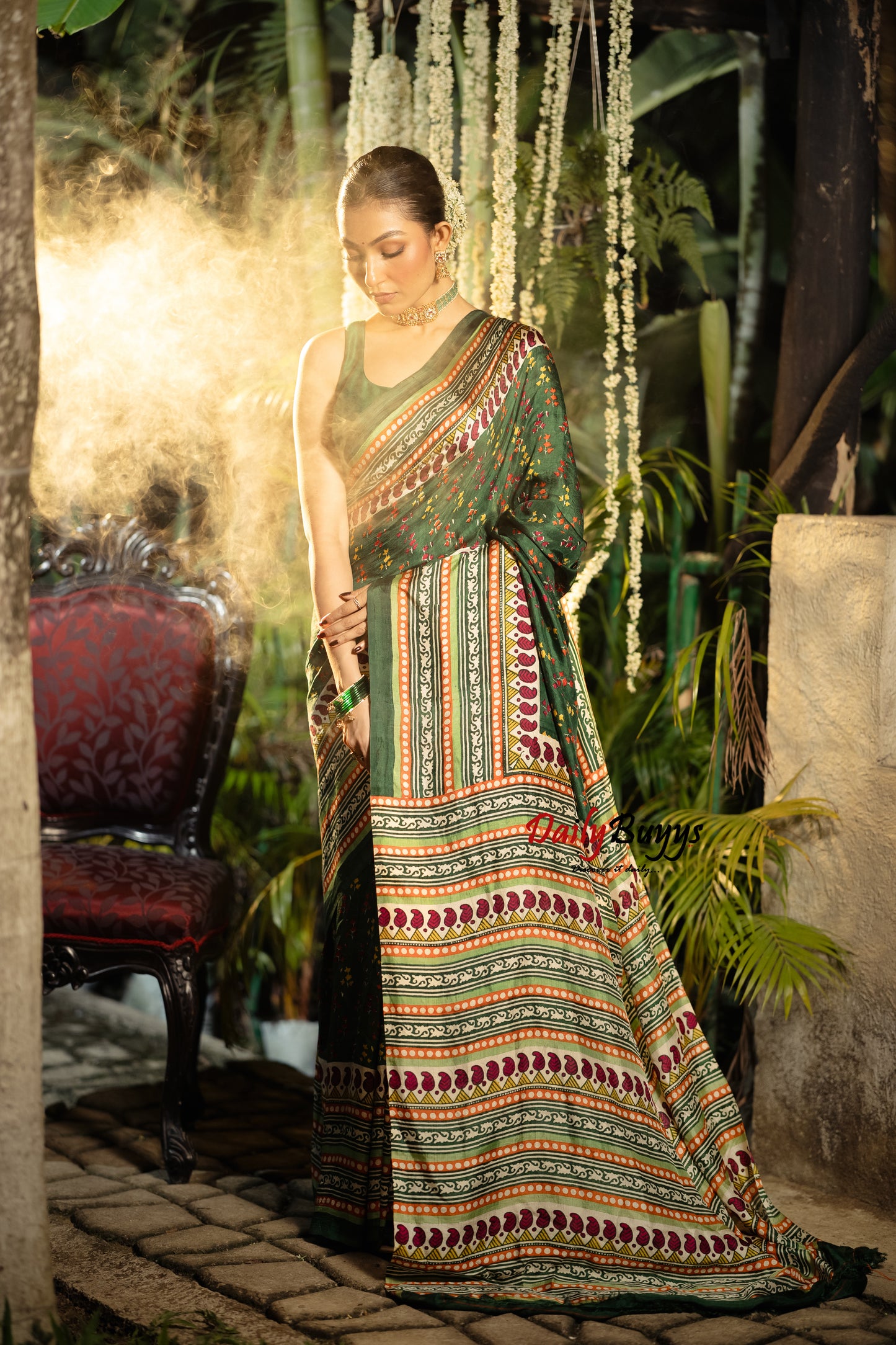 Multicolured  Block Printed Silk Mark Certified Bishnupuri Silk Sarees
