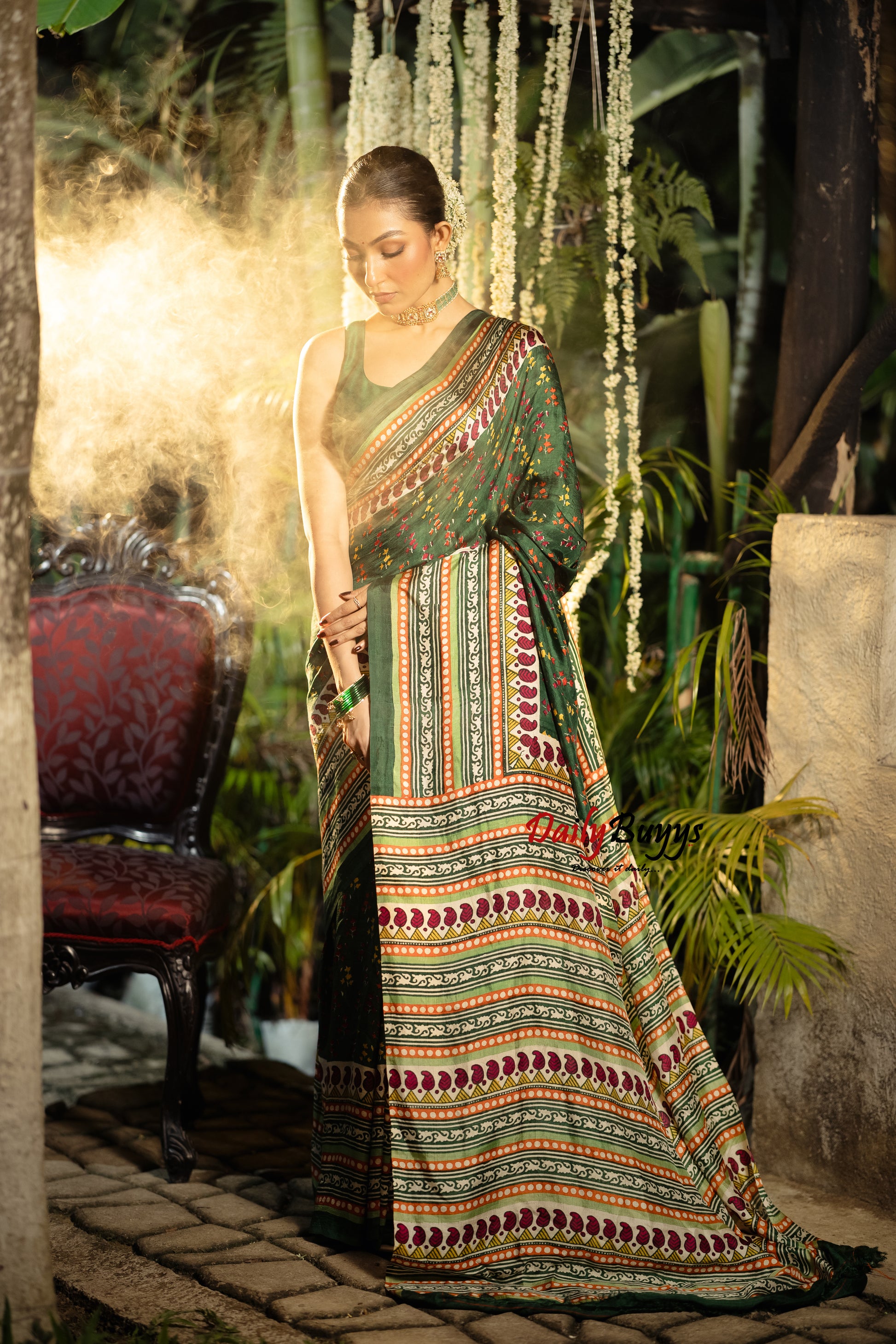Multicolured  Block Printed Silk Mark Certified Bishnupuri Silk Sarees