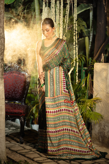 Multicolured  Block Printed Silk Mark Certified Bishnupuri Silk Sarees