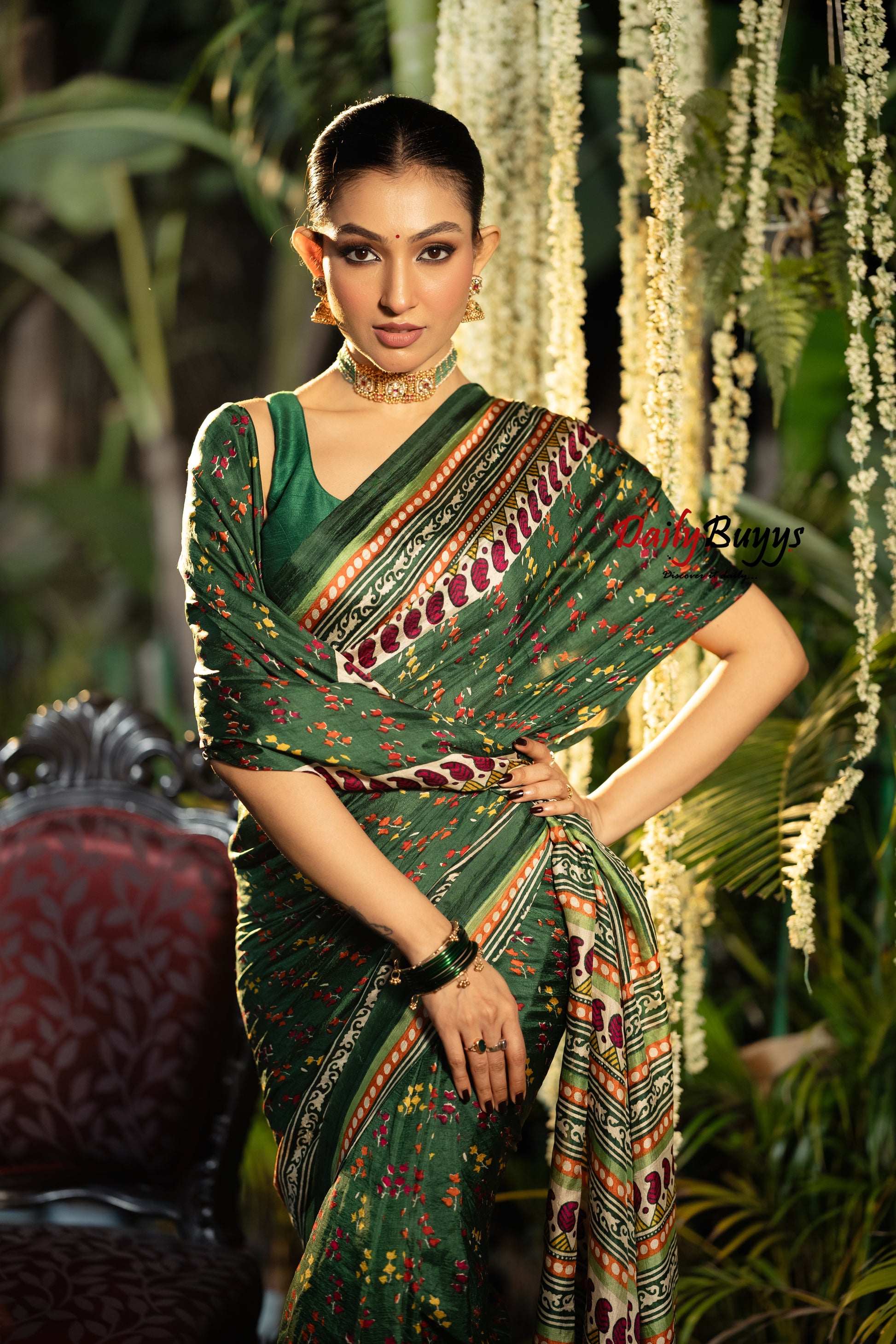 Multicolured  Block Printed Silk Mark Certified Bishnupuri Silk Sarees