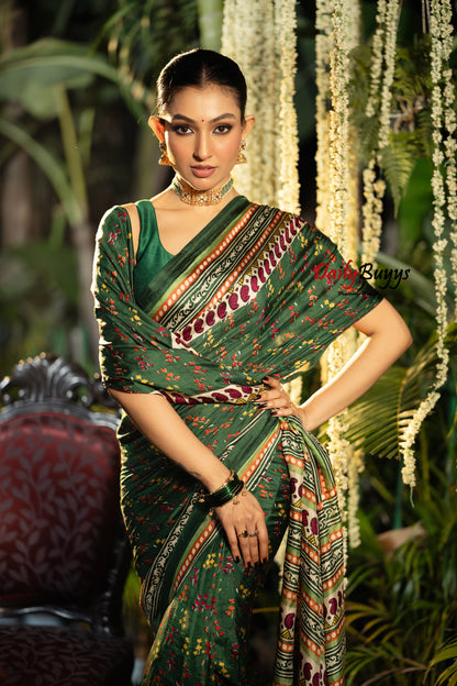 Multicolured  Block Printed Silk Mark Certified Bishnupuri Silk Sarees