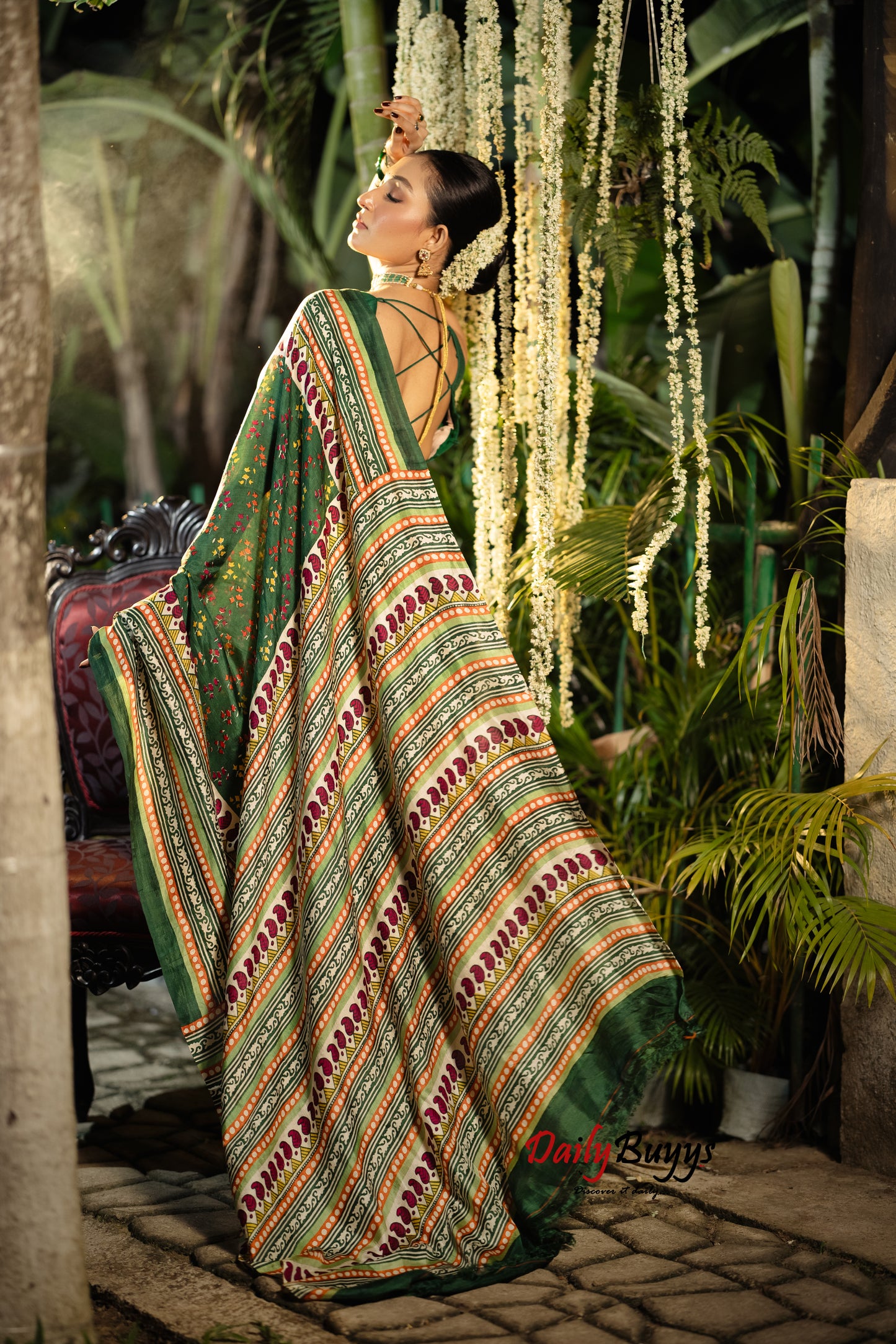 Multicolured  Block Printed Silk Mark Certified Bishnupuri Silk Sarees