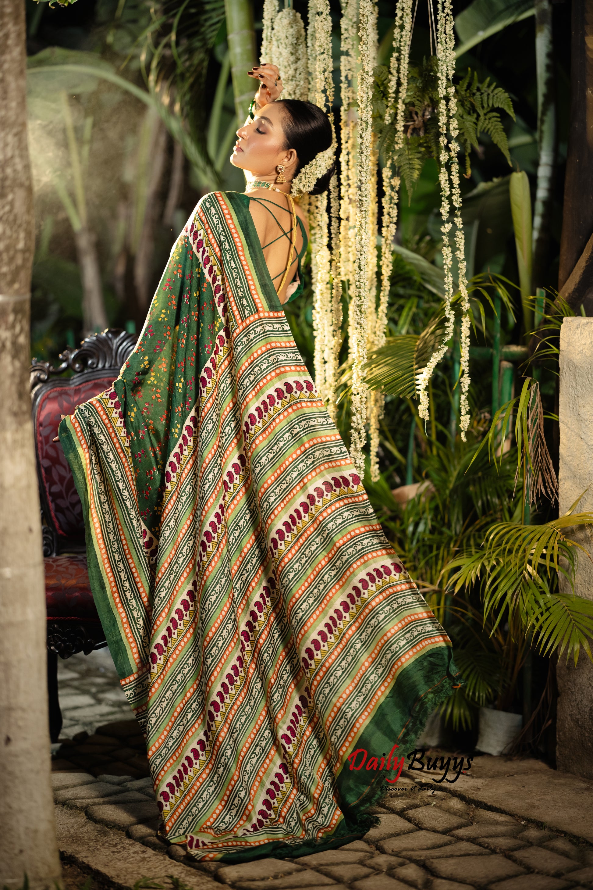 Multicolured  Block Printed Silk Mark Certified Bishnupuri Silk Sarees