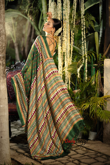 Multicolured  Block Printed Silk Mark Certified Bishnupuri Silk Sarees