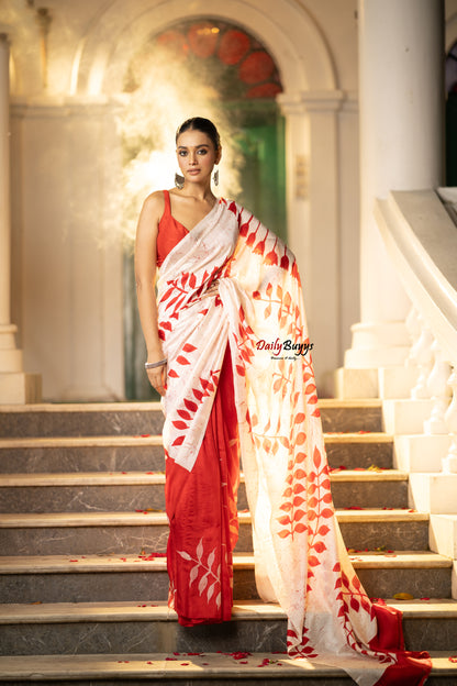 Red Floral Hand Painted  Silk Mark Certified Bishnupuri Silk Sarees