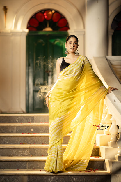 Yellow  Block Printed Silk Mark Certified Bishnupuri Silk Sarees