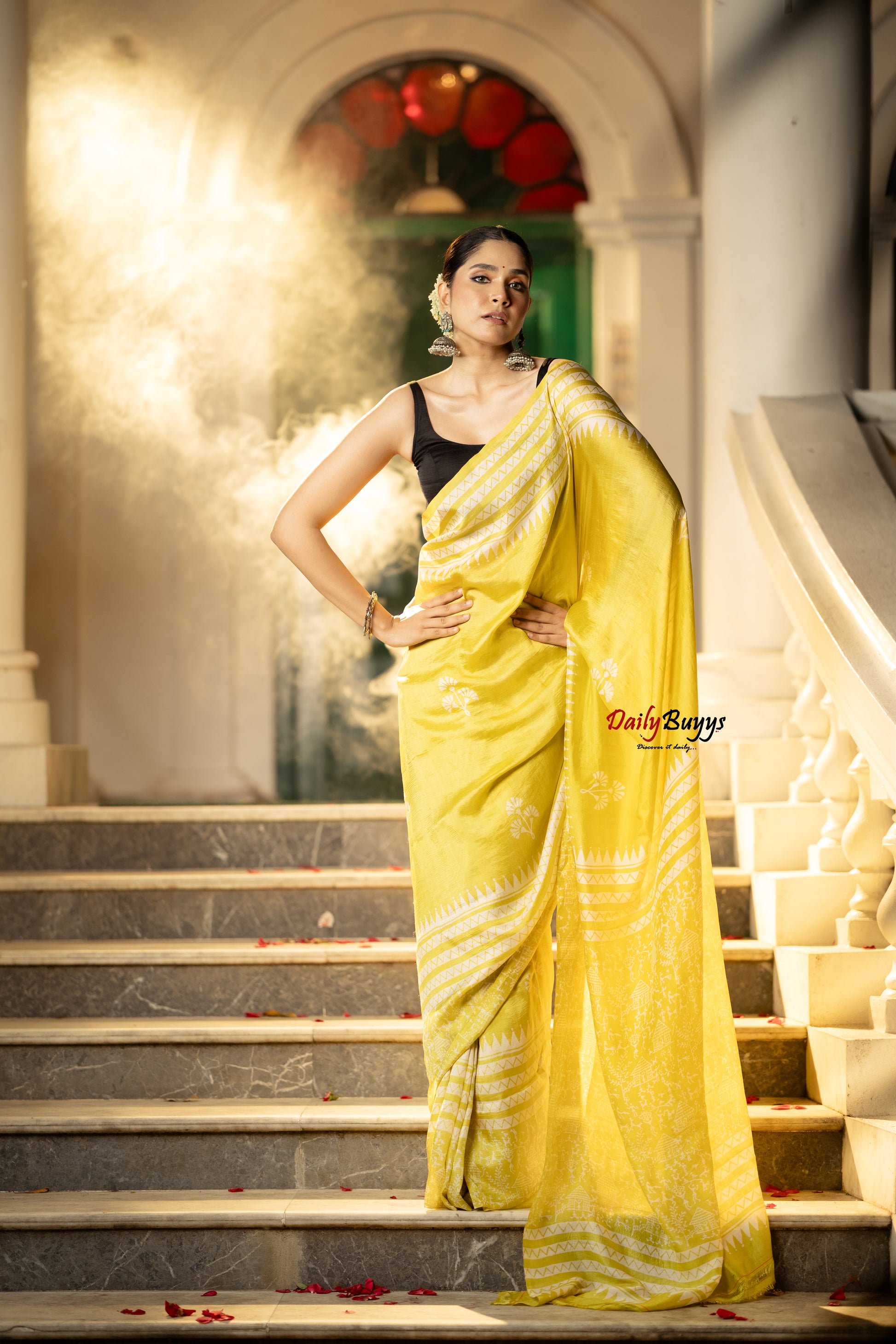 Yellow  Block Printed Silk Mark Certified Bishnupuri Silk Sarees