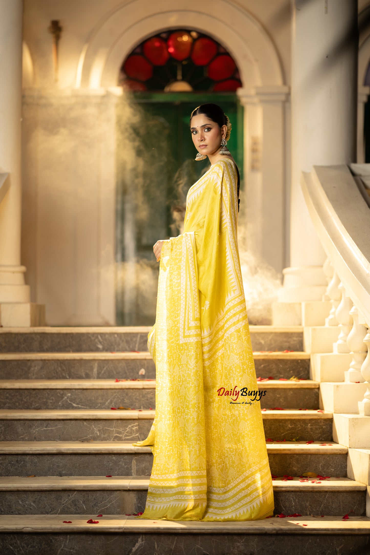 Yellow  Block Printed Silk Mark Certified Bishnupuri Silk Sarees