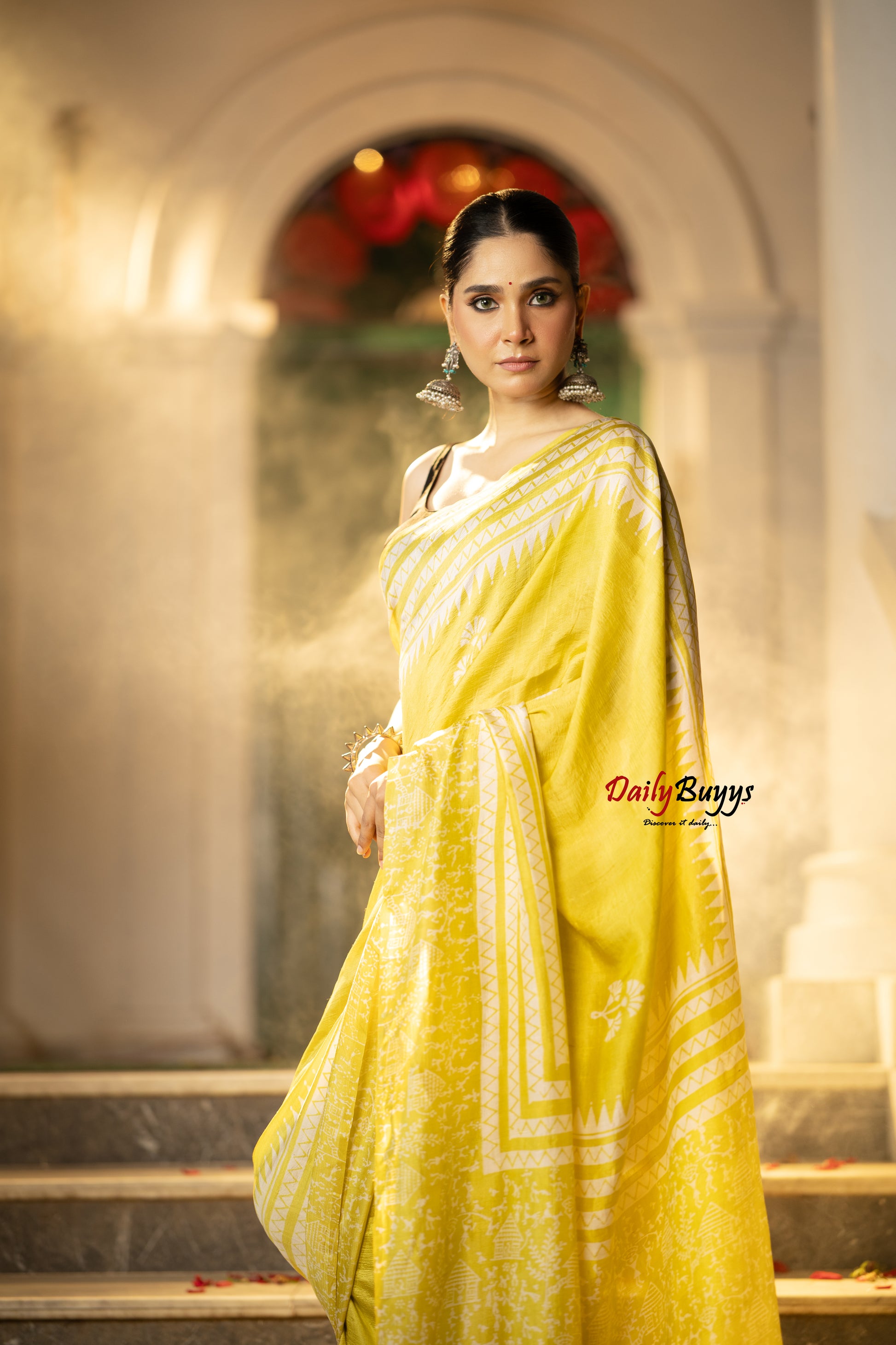 Yellow  Block Printed Silk Mark Certified Bishnupuri Silk Sarees
