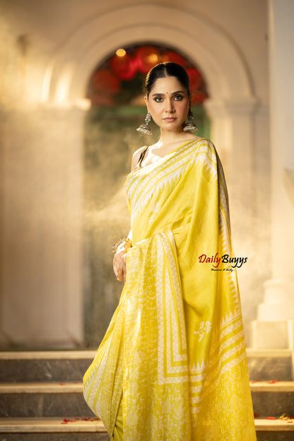 Yellow  Block Printed Silk Mark Certified Bishnupuri Silk Sarees