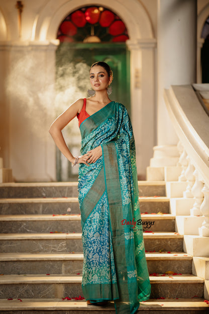 Blue Green  Block Printed Silk Mark Certified Tussar Silk Sarees