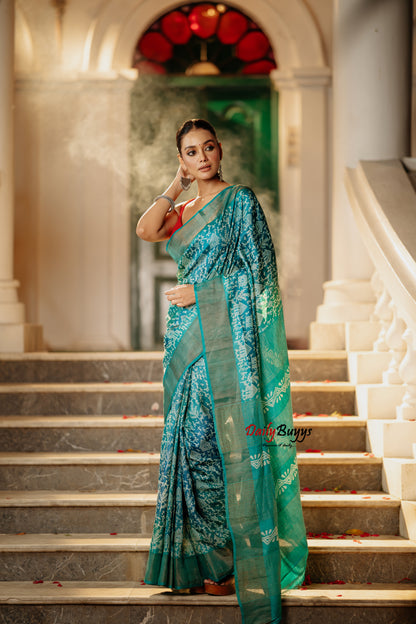 Blue Green  Block Printed Silk Mark Certified Tussar Silk Sarees