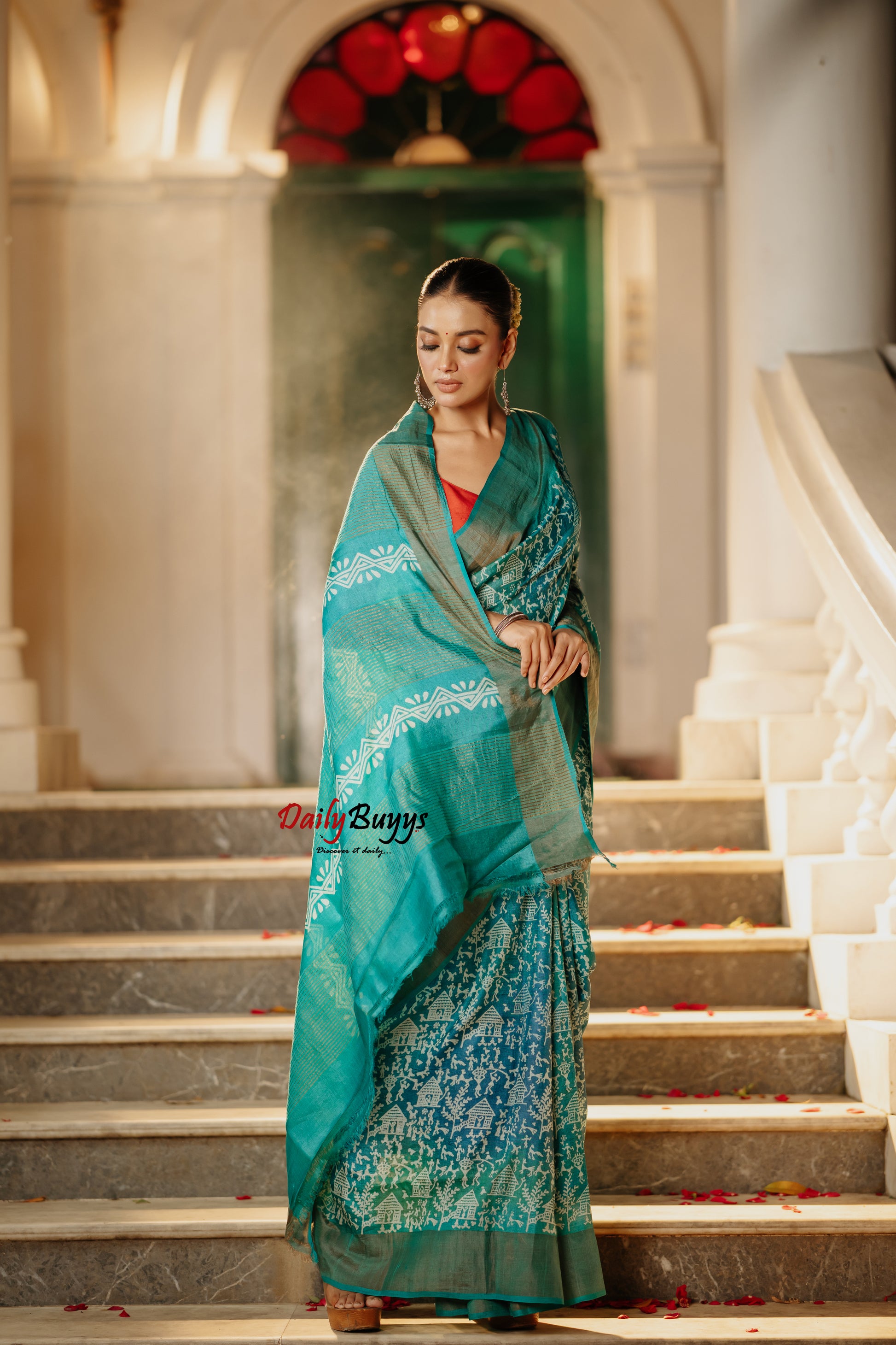 Blue Green  Block Printed Silk Mark Certified Tussar Silk Sarees