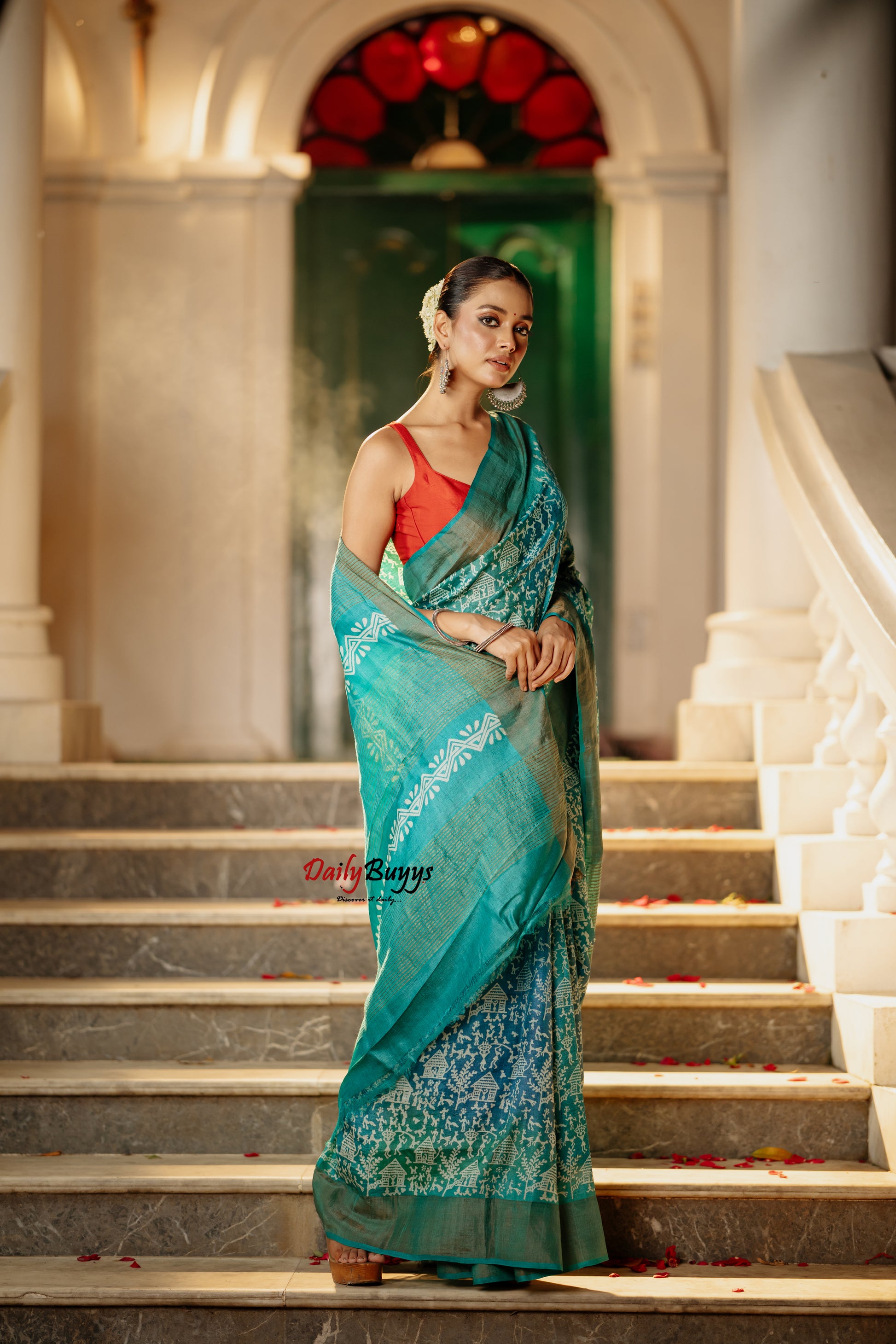 Blue Green  Block Printed Silk Mark Certified Tussar Silk Sarees