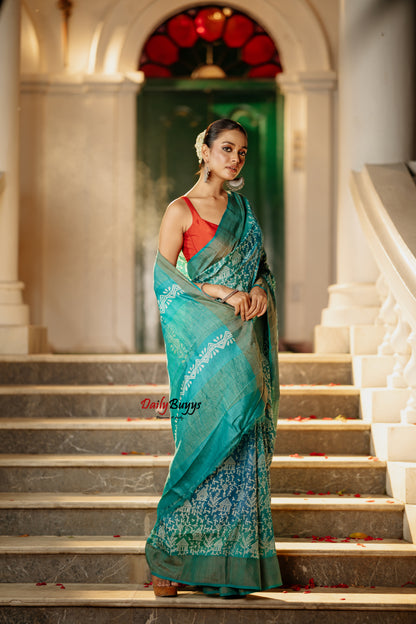 Blue Green  Block Printed Silk Mark Certified Tussar Silk Sarees
