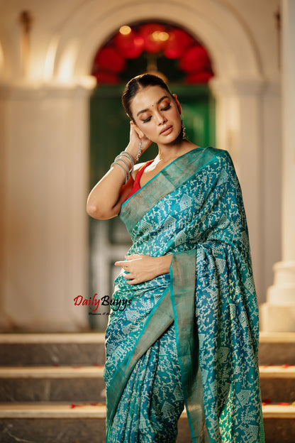 Blue Green  Block Printed Silk Mark Certified Tussar Silk Sarees