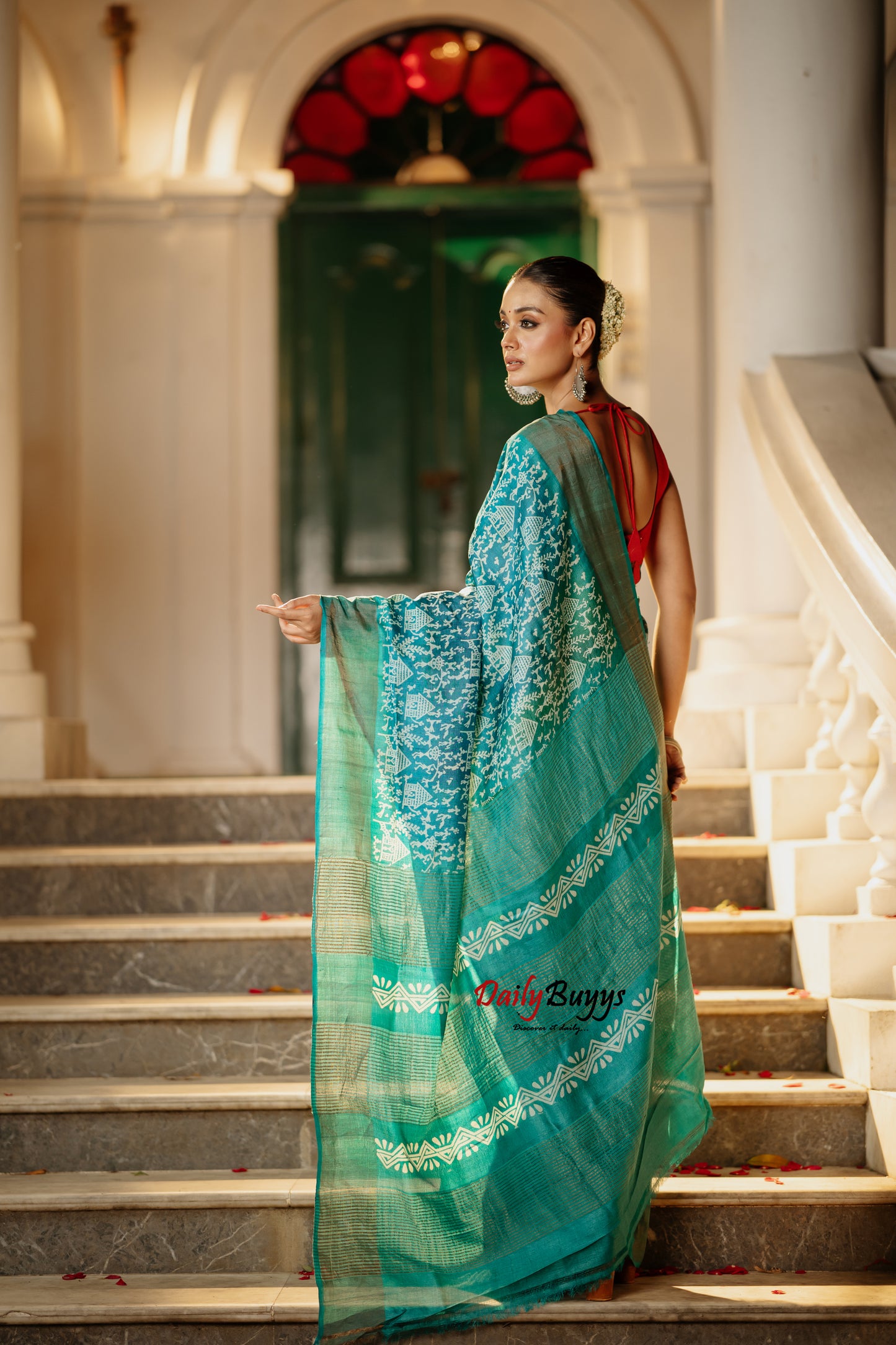 Blue Green  Block Printed Silk Mark Certified Tussar Silk Sarees