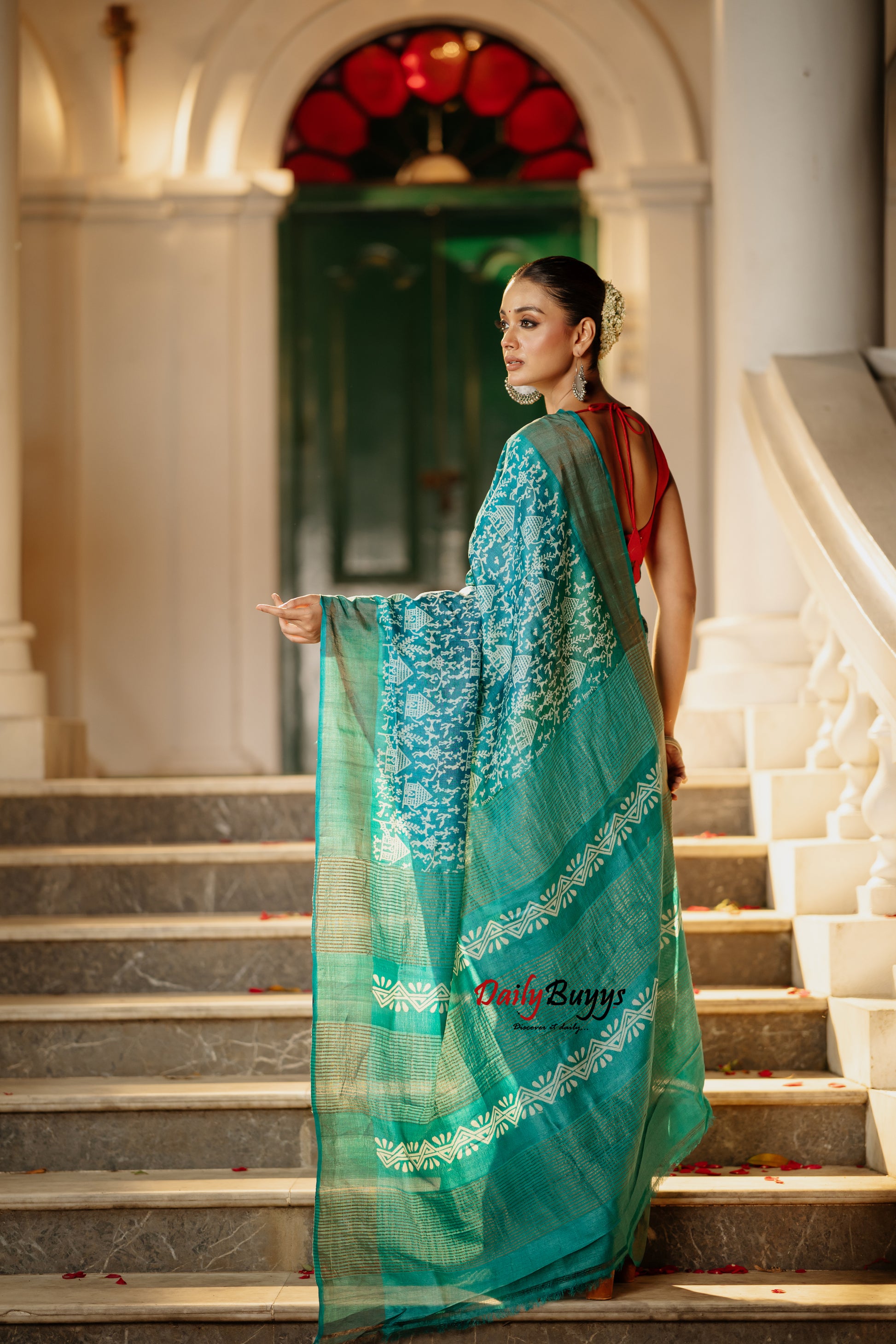 Blue Green  Block Printed Silk Mark Certified Tussar Silk Sarees