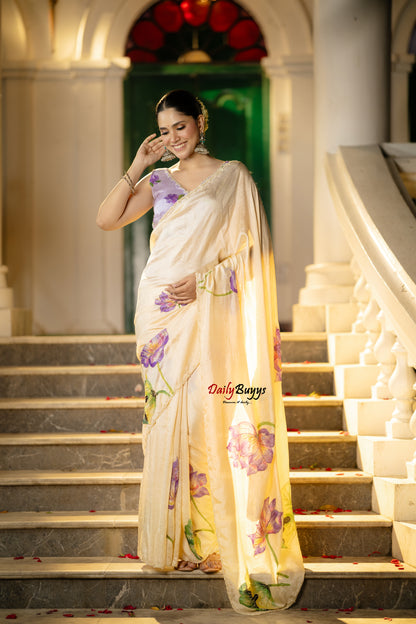 Pure Silk Purple Lotus Hand Painted and Hand Embroidered Sarees
