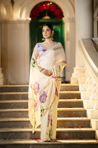Pure Silk Purple Lotus Hand Painted and Hand Embroidered Sarees