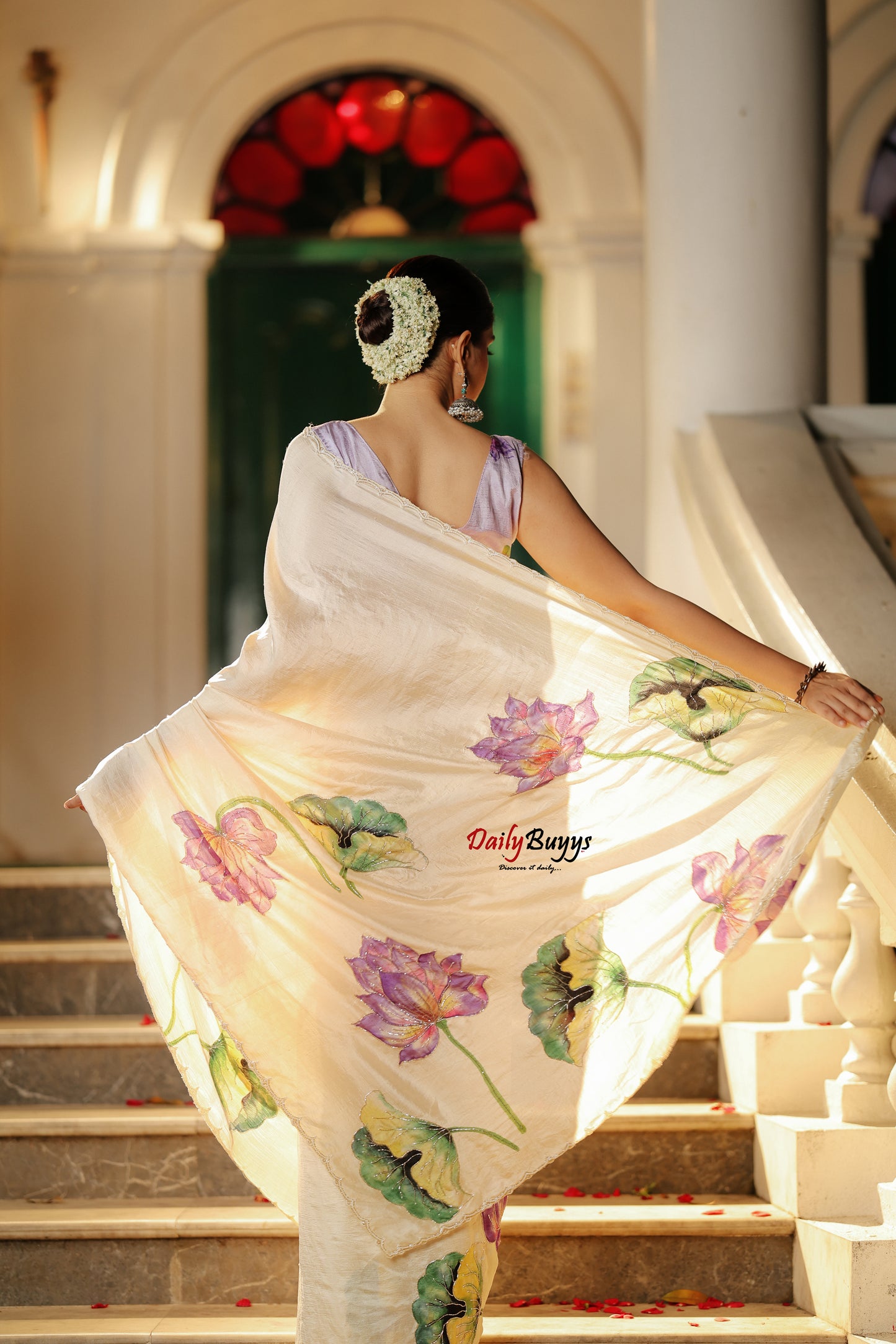 Pure Silk Purple Lotus Hand Painted and Hand Embroidered Sarees