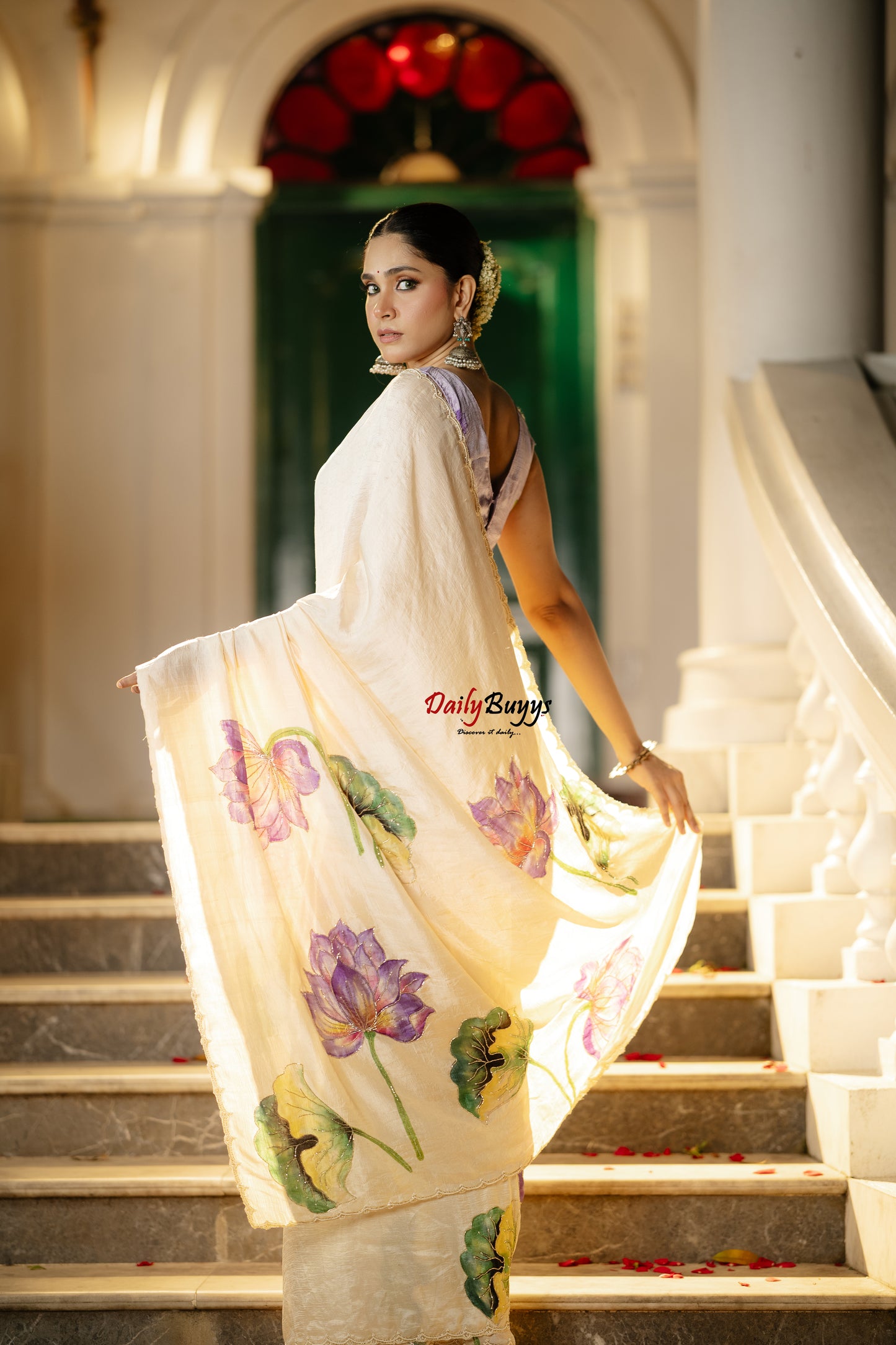 Pure Silk Purple Lotus Hand Painted and Hand Embroidered Sarees
