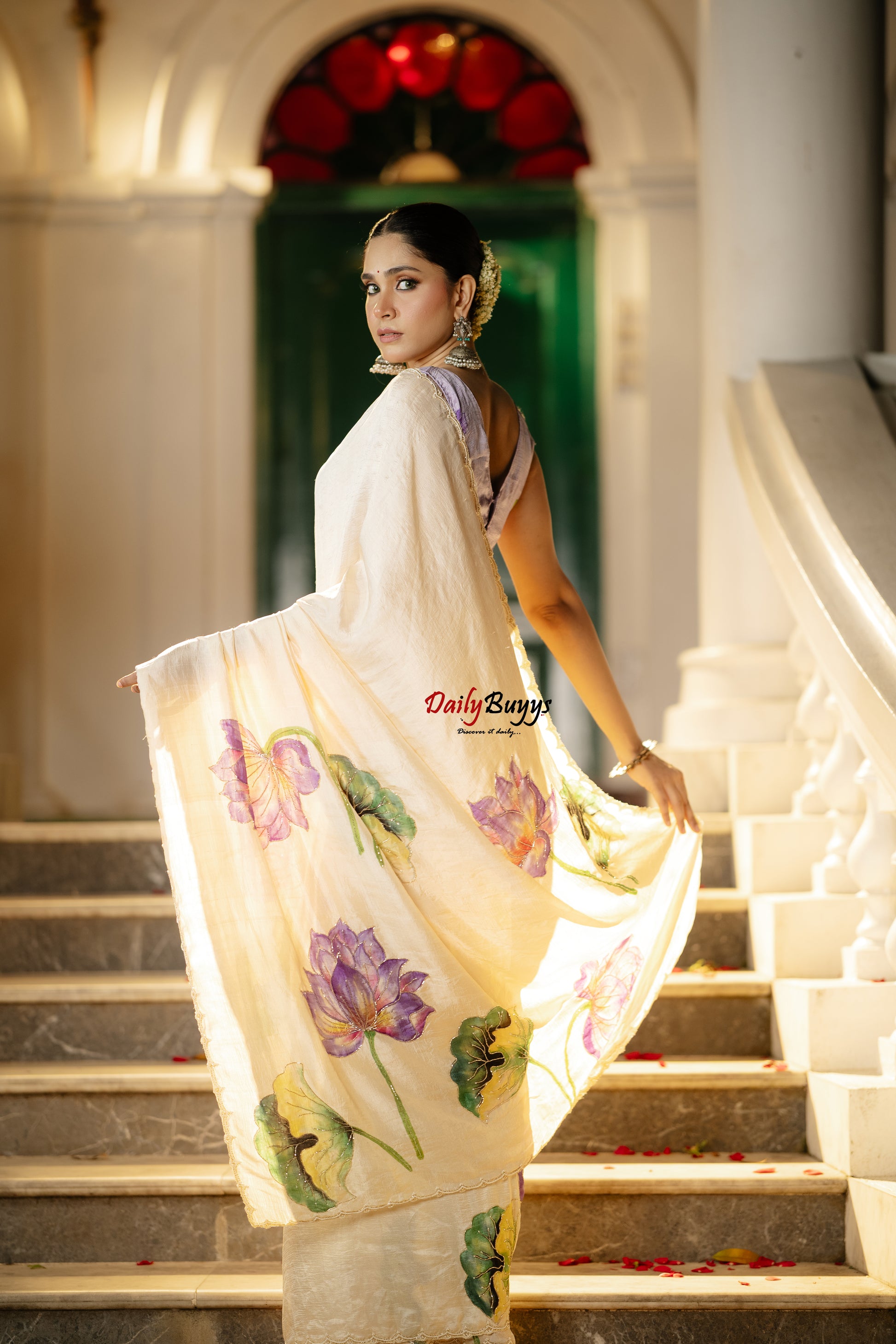 Pure Silk Purple Lotus Hand Painted and Hand Embroidered Sarees