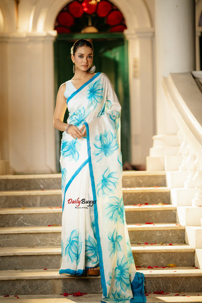 Blue Floral Hand Painted  Silk Mark Certified Bishnupuri Silk Sarees