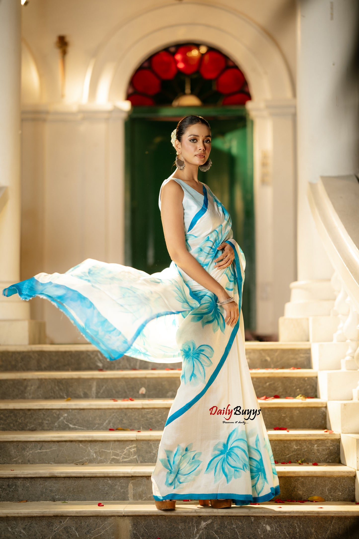 Blue Floral Hand Painted  Silk Mark Certified Bishnupuri Silk Sarees