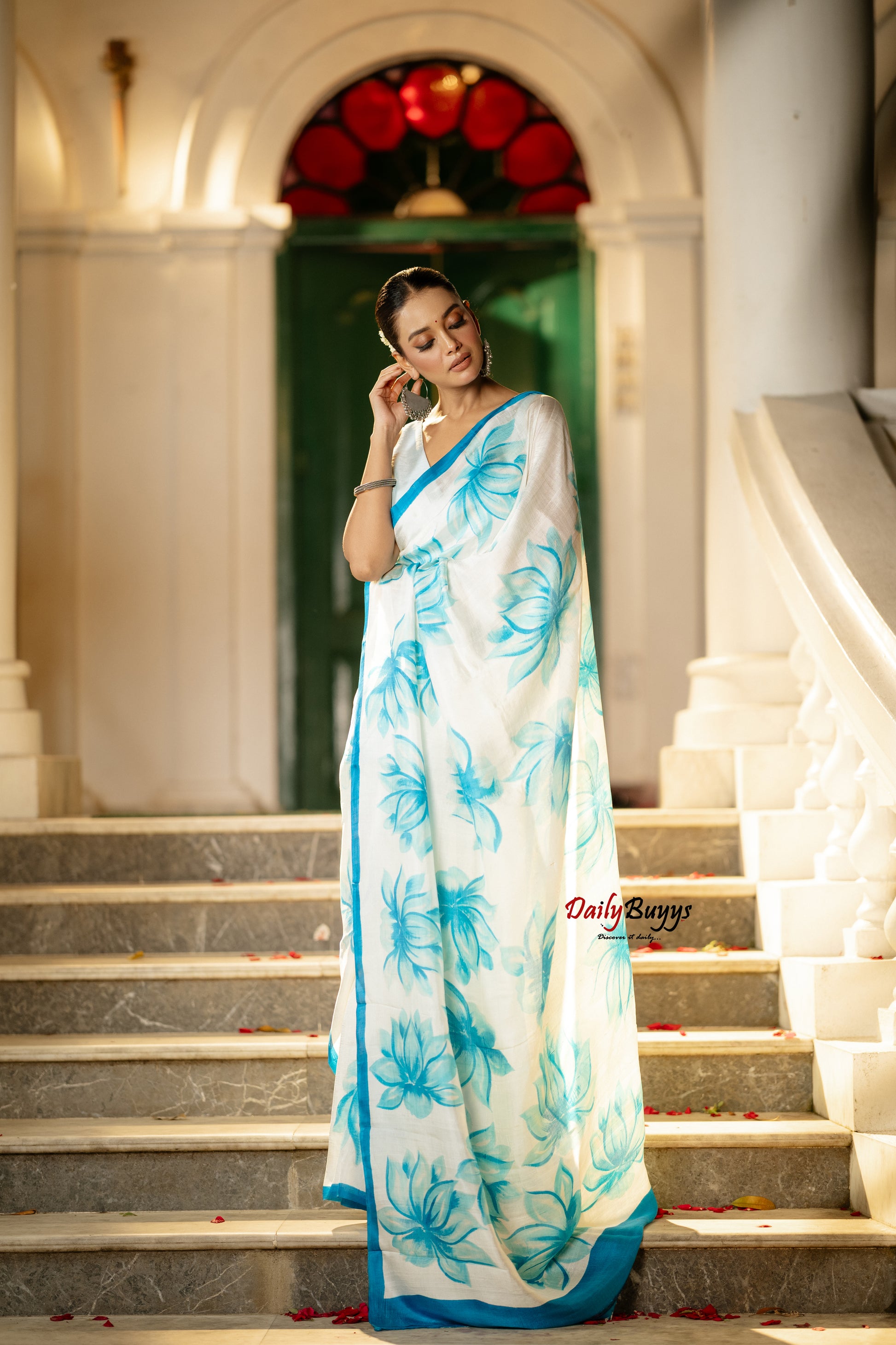 Blue Floral Hand Painted  Silk Mark Certified Bishnupuri Silk Sarees