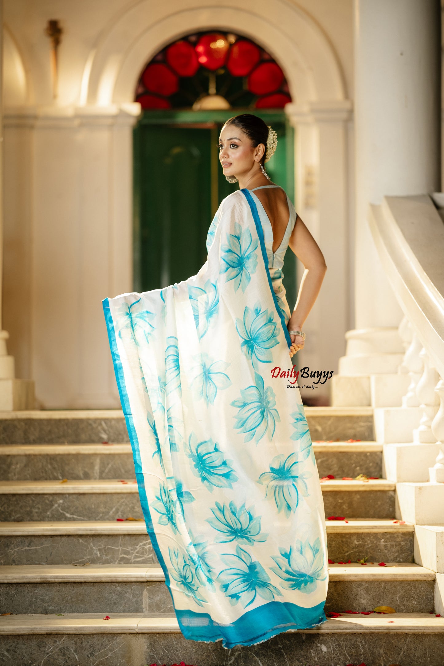 Blue Floral Hand Painted  Silk Mark Certified Bishnupuri Silk Sarees