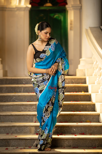 Blue Wax Batik Hand Painted Silk Mark Certified Bishnupuri Silk Sarees