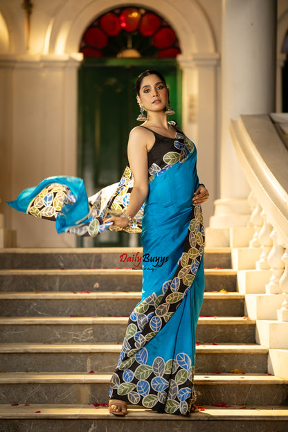 Blue Wax Batik Hand Painted Silk Mark Certified Bishnupuri Silk Sarees
